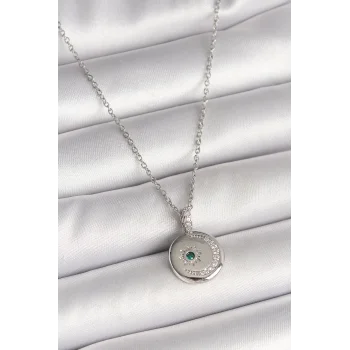 316L Çelik Gümüş Renk Zincir Madalyon Zirkon Taşlı İşlemeli Hilal Yıldız Model Kadın Kolye