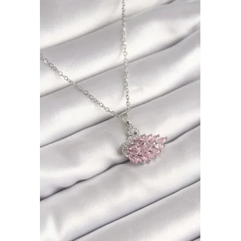 316L Çelik Gümüş Renk Zincir Pembe Zirkon Taşlı Kuğu Model Kadın Kolye
