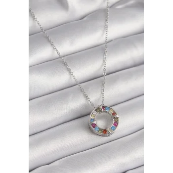 316L Çelik Gümüş Renk Zincir Renkli Zirkon Taşlı Xoxo Model Kadın Kolye