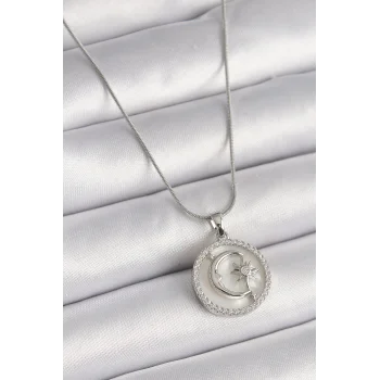 316L Çelik Gümüş Renk Zincir Zirkon Taş Detaylı Beyaz Sedefli Ay Yıldız İşleme Kadın Kolye