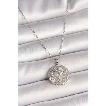 316L Çelik Gümüş Renk Zincir Zirkon Taşlı Ay Güneş İşlemeli Madalyon Model Kadın Kolye