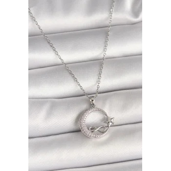 316L Çelik Gümüş Renk Zincir Zirkon Taşlı Ay Yıldız Model Sonsuzluk Detay Kadın Kolye