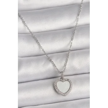316L Çelik Gümüş Renk Zincir Zirkon Taşlı Beyaz Mineli Kalp Model Kadın Kolye