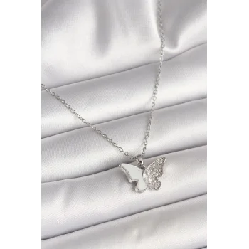 316L Çelik Gümüş Renk Zincir Zirkon Taşlı Beyaz Mineli Kelebek Model Kadın Kolye