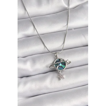 316L Çelik Gümüş Renk Zincir Zirkon Taşlı Gezegen Model Kadın Kolye