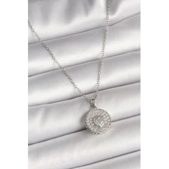 316L Çelik Gümüş Renk Zincir Zirkon Taşlı Kalp İşlemeli Madalyon Model Kadın Kolye