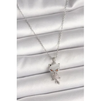 316L Çelik Gümüş Renk Zincir Zirkon Taşlı Kedi Model Kadın Kolye