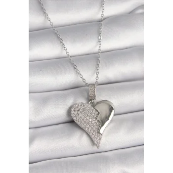 316L Çelik Gümüş Renk Zincir Zirkon Taşlı Kırık Kalp Model Kadın Kolye