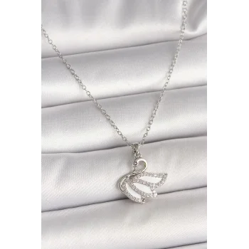 316L Çelik Gümüş Renk Zincir Zirkon Taşlı Kuğu Model Kadın Kolye