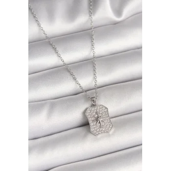 316L Çelik Gümüş Renk Zincir Zirkon Taşlı Kutup Yıldız İşlemeli Madalyon Model Kadın Kolye