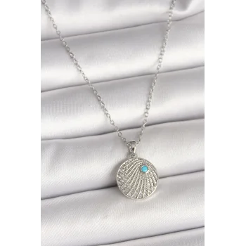 316L Çelik Gümüş Renk Zincir Zirkon Taşlı Mavi Taş Detaylı Madalyon Model Kadın Kolye