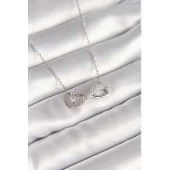 316L Çelik Gümüş Renk Zincir Zirkon Taşlı Sonsuzluk Model Kadın Kolye