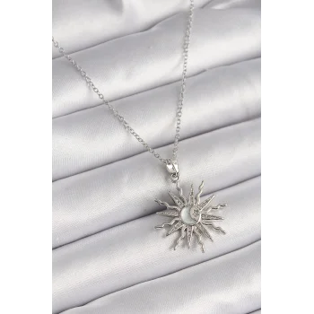 316L Çelik Gümüş Renk Zincir Zirkon Taşlı Güneş Model Sedefli Ay İşleme Detay Kadın Kolye