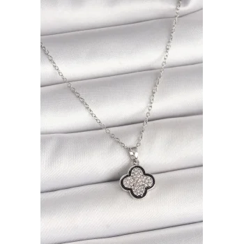 316L Çelik Gümüş Renk Zincir Zirkon Taşlı Yonca Model Kadın Kolye
