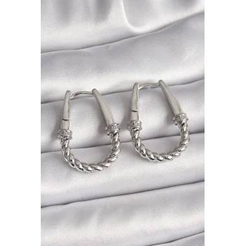 316L Çelik Gümüş Renk Zirkon Taş Detaylı Burma Halka Model Kadın Küpe