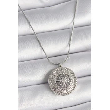 316L Çelik Gümüş Renk Zirkon Taşlı 12 Burç Madalyon Model Kadın Kolye