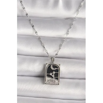 316L Çelik Gümüş Renk Zirkon Taşlı  Ay Figürlü Taror Model Kadın Kolye