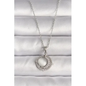 316L Çelik Gümüş Renk Zirkon Taşlı Beyaz Sedefli Hilal Model Kadın Kolye