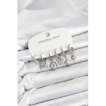 316L Çelik Gümüş Renk Zirkon Taşlı Charm Detaylı Kadın Küpe Seti