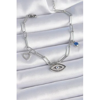 316L Çelik Gümüş Renk Zirkon Taşlı Göz Figür Kalp Detay Kadın Bileklik