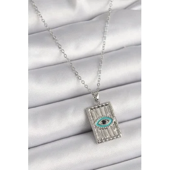 316L Çelik Gümüş Renk Zirkon Taşlı Göz İşleme Detaylı Plaka Model Kadın Kolye