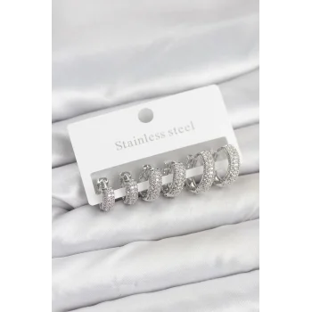 316L Çelik Gümüş Renk Zirkon Taşlı Halka Küpe Seti