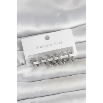 316L Çelik Gümüş Renk Zirkon Taşlı Halka Model Kadın Küpe Seti