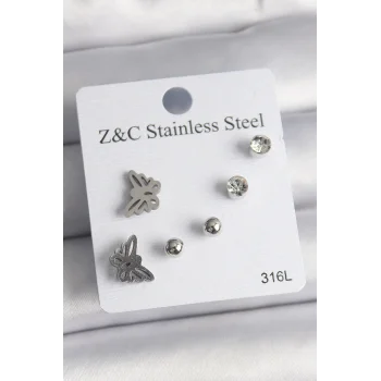 316L Çelik Gümüş Renk Zirkon Taşlı Kelebek Model Kadın Küpe Seti