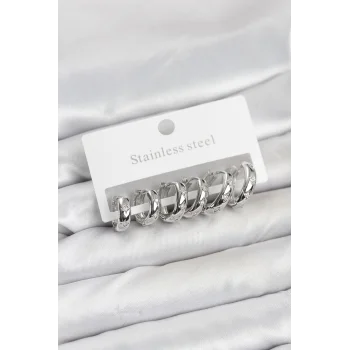 316L Çelik Gümüş Renk Zirkon Taşlı Kutup Yıldızı Model Halka Küpe Seti