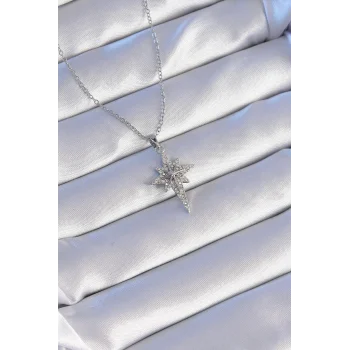 316L Çelik Gümüş Renk Zirkon Taşlı Kutup Yıldızı Model Kolye