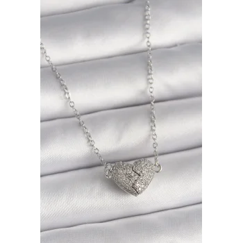 316L Çelik Gümüş Renk Zirkon Taşlı Mıknatıslı Kalp Model Kadın Kolye
