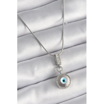 316L Çelik Gümüş Renk Zirkon Taşlı Nazar Boncuk Model Kadın Kolye
