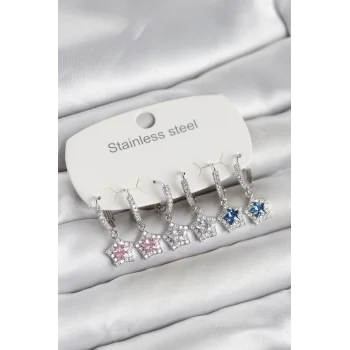 316L Çelik Gümüş Renk Zirkon Taşlı Yıldız Form 6lı Set Kadın Küpe
