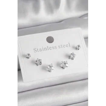 316L Çelik Gümüş Renk Zirkon Taşlı Yıldız Model Kadın Küpe Seti