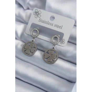 316L Çelik Gümüş Renk Zirkon Taşlı Yonca Model İşleme Detay Kadın Küpe