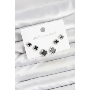 316L Çelik Gümüş Renk Zirkon Taşlı Yonca Model Kadın Küpe Seti