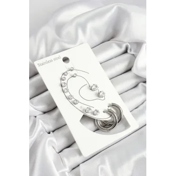 316L Çelik Halka Figürlü Ve Zirkon Taşlı Gümüş Renk 7li Çift Kadın Küpe Set