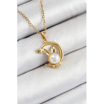 316L Çelik İnci Detaylı Hilal Tavşan Model Gold Renk Kadın Kolye