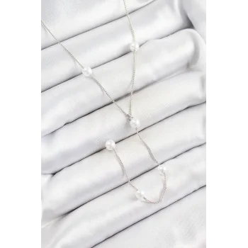 Pirinç İnci Figürlü Y Model Gümüş Renk Kadın Kolye