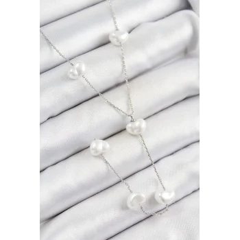 Pirinç İncili Kalp Figürlü Y Model Gümüş Renk Kadın Kolye