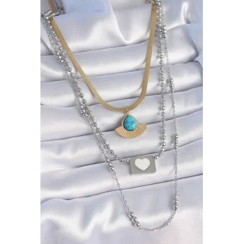 316L Çelik Mix Renk 3lü Zincir Damla Madalyon Figür Uzun Kadın Kolye