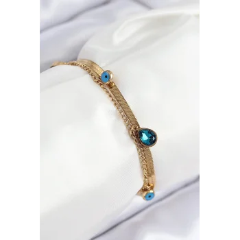 316L Çelik Nazar Boncuk Detaylı Mavi Zirkon Taşlı Model İtalyan Zincir Gold Renk Kadın Bileklik