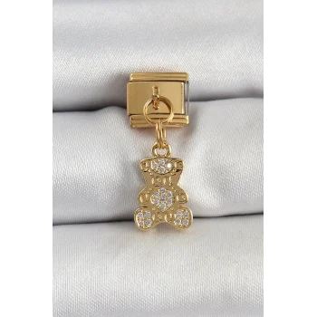 316L Çelik Sallantılı Zirkon Taşlı Ayıcık Model Gold Renk Nomination Charm