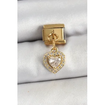 316L Çelik Sallantılı Zirkon Taşlı Kalp Model Gold Renk Nomination Charm
