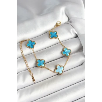 316L Çelik Sedefli Gökyüzü Mavisi Gold Renk Yonca Kadın Bileklik