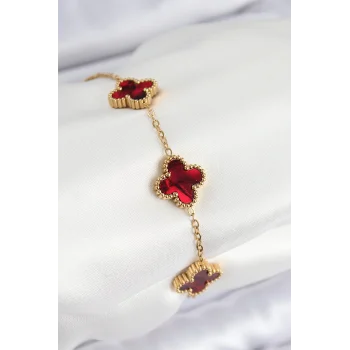 316L Çelik Sedefli Kırmızı Gold Renk Yonca Kadın Bileklik
