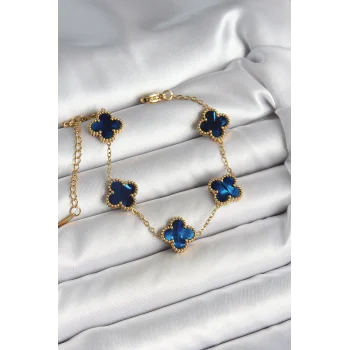 316L Çelik Sedefli Lacivert Gold Renk Yonca Kadın Bileklik