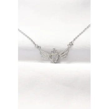 316L Çelik Silver Renk Zirkon Taşlı Kalpli Kanat Kolye