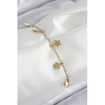 316L Çelik Sıralı Yıldız Model Gold Renk Kadın Bileklik