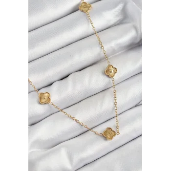 316L Çelik Yonca Model Gold Renk Kadın Kolye